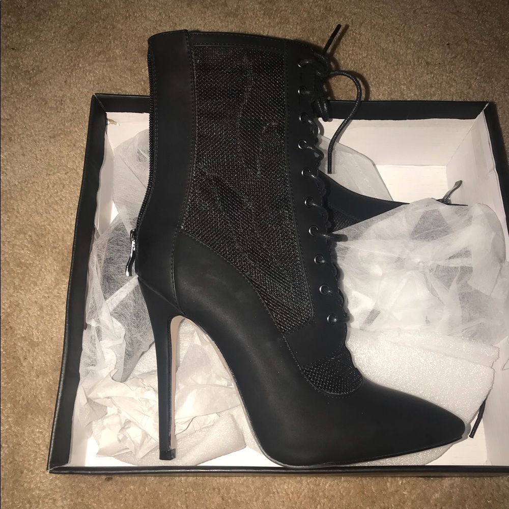 Black Mesh Lace up Boot Heels